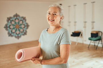 Senior woman, yoga and mat, portrait and fitness, wellness and healthy lifestyle in sports studio,...
