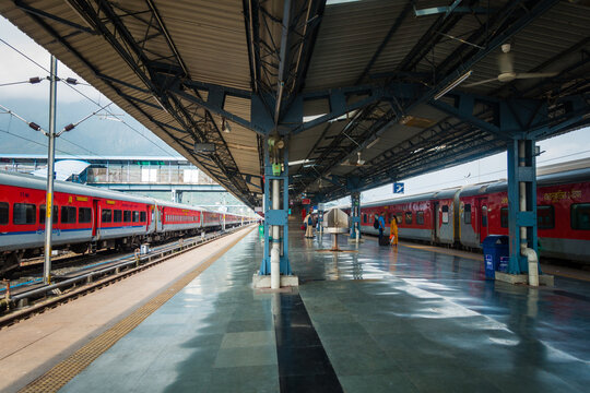 July 4th 2022 Jammu and Kashmir India..14609 RISHIKESH - SMVD KATRA Hemkunt Express at the railway platform with social distancing marks on the floor during corona virus pandemic.