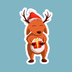 Cartoon Christmas deer with a gift.