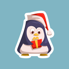 Cartoon penguin with a Christmas gift.