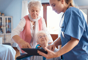 Senior woman, friend and nurse with tablet, learning and help with digital technology in retirement...