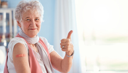 Senior woman, vaccine and covid with thumbs up in portrait, hospital and smile with plaster. Happy...