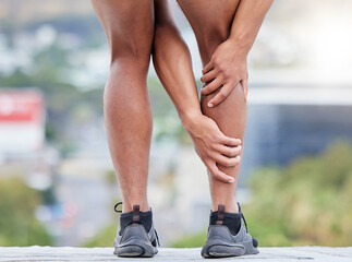 Man, fitness and legs injury on outdoor run for sports marathon, exercise emergency or wellness...