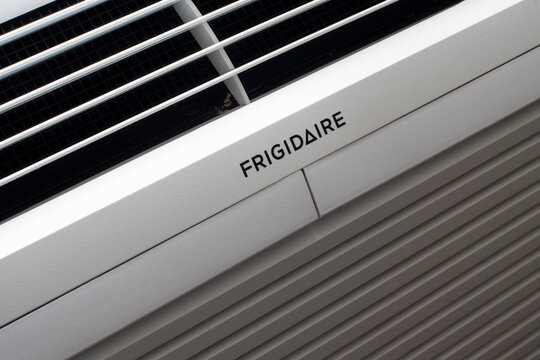 Oceanside, CA, USA - May 15, 2022: Frigidaire logo is seen on a PTAC (packaged terminal air conditioner) in a hotel room. Frigidaire Appliance Company is a subsidiary of Electrolux.