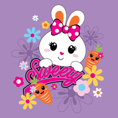 Vector illustration of cute bunny animal with lovely flowers