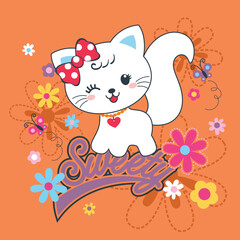 Vector illustration of cute cat with beautiful flower