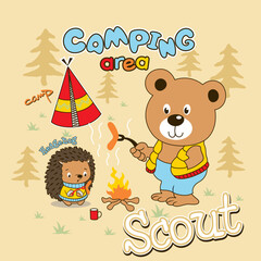 cute bear camping with little friend vector