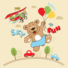 cute bear playing flying balloon