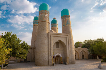 The ancient Chor Minor madrasah on a sunny September morning. Bukhara, Uzbekistan