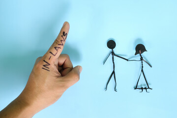 In-laws problem, conflict and intervention to newly married young couple concept. Couple stick...