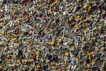 Mix of herbal tea with flower and berry tea, top view, closeup