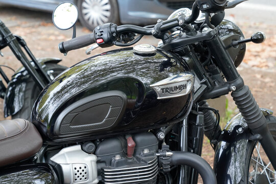 Triumph bonneville t100 black motorbike detail sign logo and text brand on fuel tank