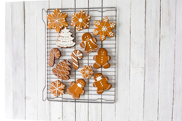 Gingerbread cookies on the white wooden table