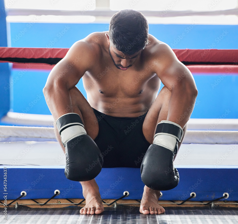 Canvas Prints Boxer, martial arts and man tired and sad after boxing or sports competition mistake, failure or stress, anxiety and depression pre workout. Athlete man worried about exercise or fight at boxing ring