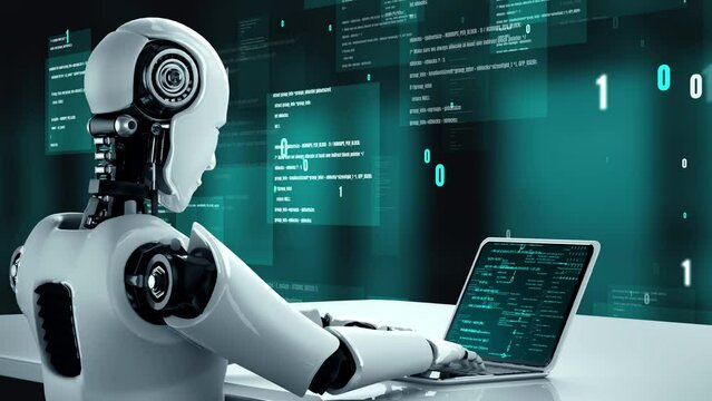 Futuristic robot artificial intelligence huminoid AI programming coding technology development and machine learning concept. Robotic bionic science research for future of human life. 3D rendering.
