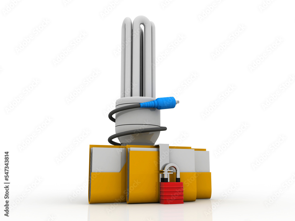 Poster 3d rendering folder lock with cfl bulb connected aux cable. data security concept