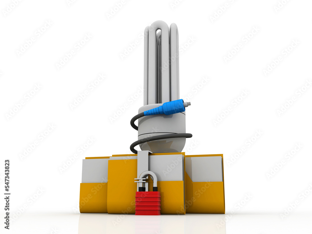 Poster 3d rendering folder lock with cfl bulb connected aux cable. data security concept