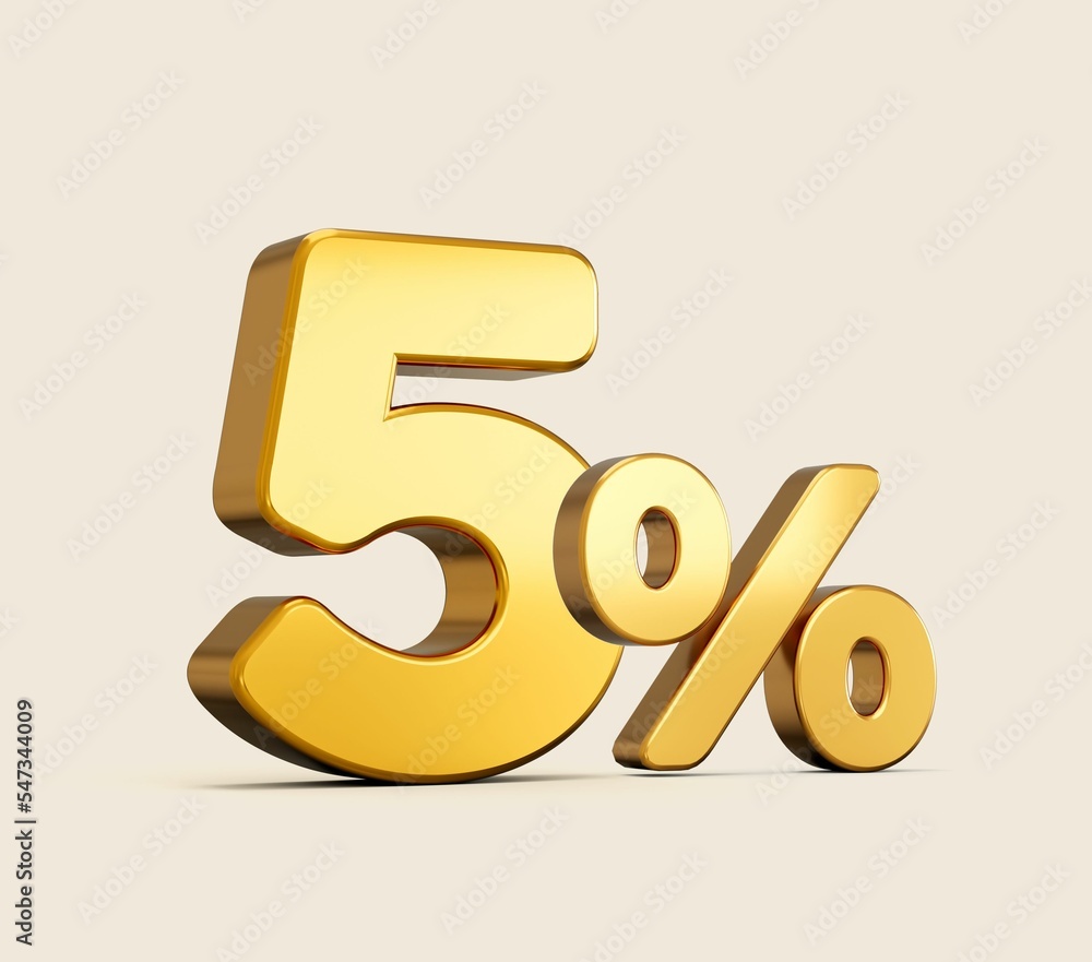 Poster 3d rendering of golden number five percent isolated on beige background