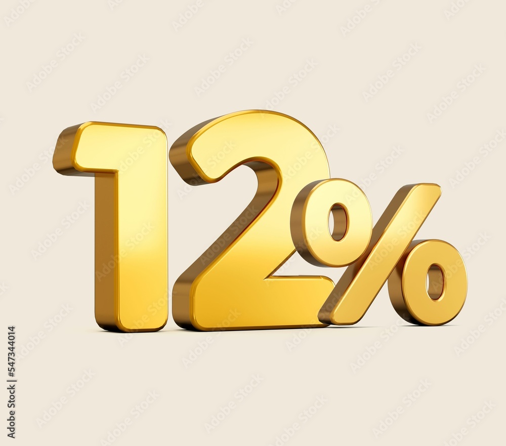Poster 3d rendering of golden number twelve percent isolated on beige background