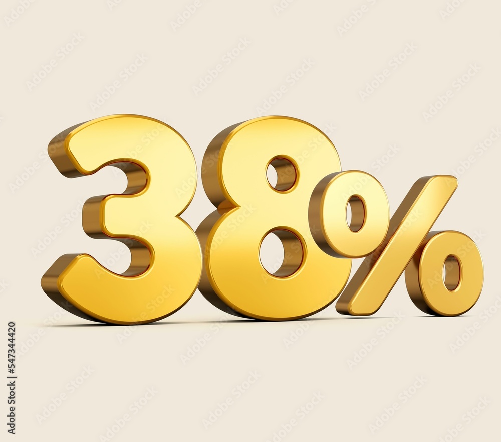 Poster 3d rendering of golden number thirty eight percent isolated on beige background