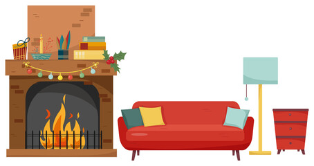 Christmas fireplace room interior in colorful cartoon flat style.