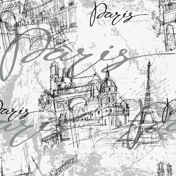 Vector seamless pattern: linear black sketches of Paris and lettering on gray textured background. Vintage style design for textile, wallpaper, wrapping paper.