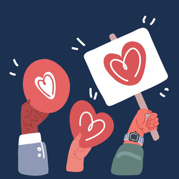 Cartoon vector illustration of hands hold love icon, Heart symbol, likes, plackard, banner and likes