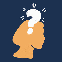 Cartoon vector illustration of question markinside the brain of woman. Female head