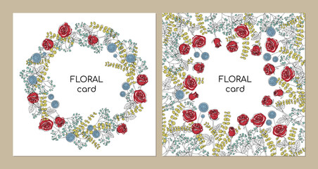 Fototapeta na wymiar Greeting card template in minimalistic line art style. Flowers Rose, eucalyptus, echinops, gypsophila. Editable line. Vector illustration