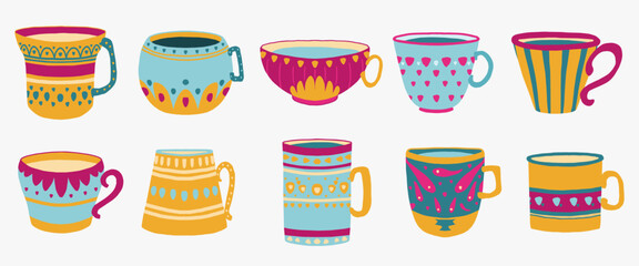 Hand drawn set of various cups with tea or coffee. vector. Side view. Flat design. Trendy vector illustration for icon, logo, print, icon, card, emblem, label.
