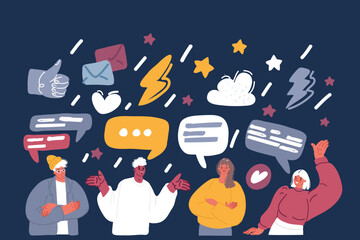 Cartoon vector illustration of Discussing business people. Group of mans and womans discuss social network. Discussion of news. Speech bubble