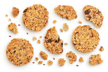 Granola cookie isolated on white background with full depth of field. Top view. Flat lay.