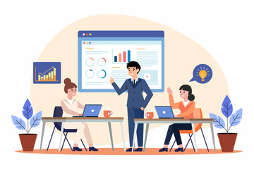 Business team or managers discussing a new startup project brainstorming or teamwork vector design.