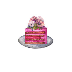 Watercolor illustration piece of delicious cake with anemones on plate. Hand drawn pastry clipart element isolated on white background. Dessert for cafe, menu, kitchen, restaurant, Birthday cards.
