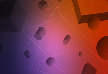 Dark Pink, Red vector background with 3D cubes, cylinders, spheres, rectangles.