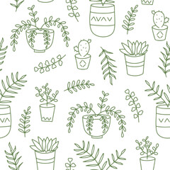 seamless pattern with houseplants in doodle style. Vector illustration isolated on white background for your design