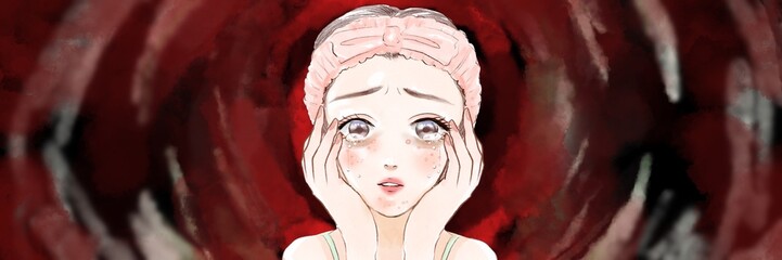 赤く膿んだニキビに絶望し涙する思春期女性の上半身カラー漫画ワイドサイズイラスト