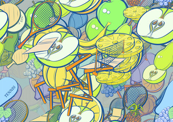 Background pattern abstract design texture. Seamless. Tennis and Fruits. Theme is about game table, orange, clip, pinch, incision, peel, lathing, observer, net, slices, inventory, fetus