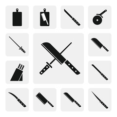 Crossed knife and sharpener flat web icon. Kitchen knife and sharpening steel sign silhouette. Knife and kinfe sharpener solid black icon vector design cartoon clipart. Kitchen utensils icon set