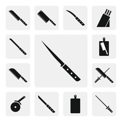 Kitchen fillet knife flat web icon. Simple fillet knife sign silhouette. Fillet knife solid black icon vector design. Fillet knife cartoon clipart. Kitchen utensils icon set. Cooking tools icon