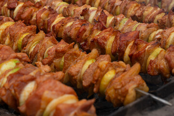 Classical shashliks made of pork meat and onion. Traditional shashliks