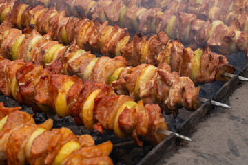 Skewered and grilled pieces of meat and onion. Shashliks