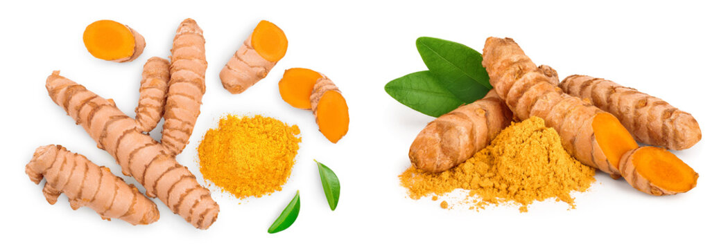 Turmeric powder and turmeric root isolated on white background. Top view. Flat lay