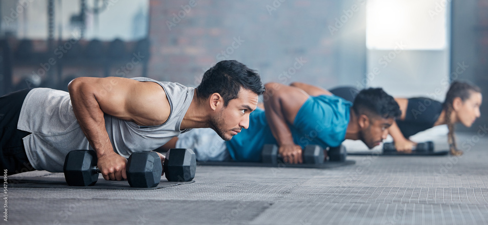 Poster Men, woman and dumbbells in gym workout, training and fitness exercise for health wellness, strong biceps or abs muscles. Personal trainer, coach or weightlifting class friends with motivation goals