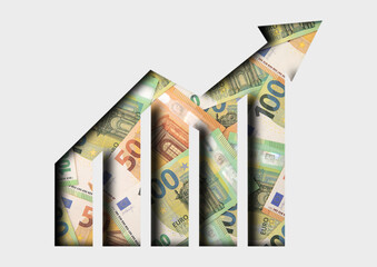Stock trading chart and arrow going up with euro banknotes as finance success concept.