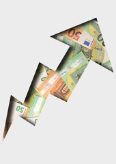 Concept arrow going up for stock trading with euro banknotes.