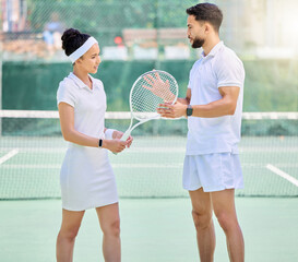 Tennis court, coach or couple talking about sports game, tips and performance after exercise, training and workout. Man coaching woman outdoor for fitness, tennis and health before sport competiton