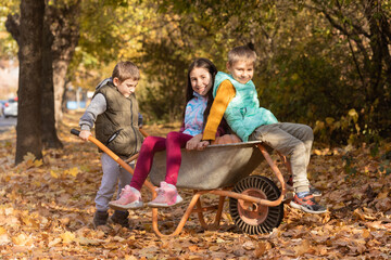 Kids have fun in the wheelbarrow with pumpkins