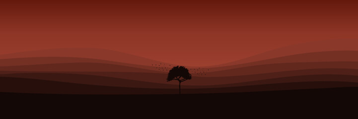 sunset landscape with tree silhouette flat design vector illustration good for wallpaper, background, backdrop, banner, tourism, and design template