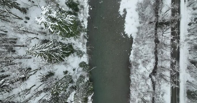 Winter Frozen Road Along River High Above Snowy River Landscape Wide Angle